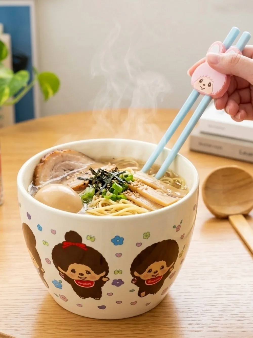 Monchhichi Ceramic Ramen Noodle Bowl 4PC Set W/ Chopsticks Soup Spoon & Holder